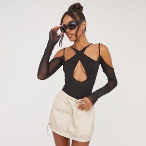 Ego Mesh Contrast Cold Shoulder Strappy Cross Front Detail Bodysuit In Black